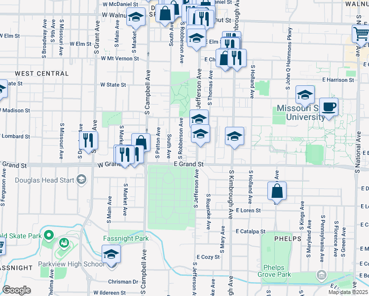 map of restaurants, bars, coffee shops, grocery stores, and more near 846 South Robberson Avenue in Springfield