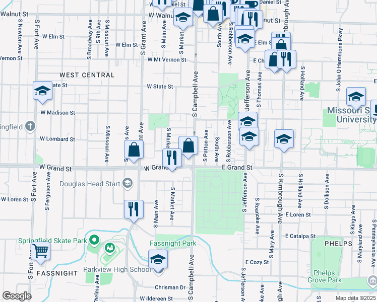map of restaurants, bars, coffee shops, grocery stores, and more near 424 West Lombard Street in Springfield
