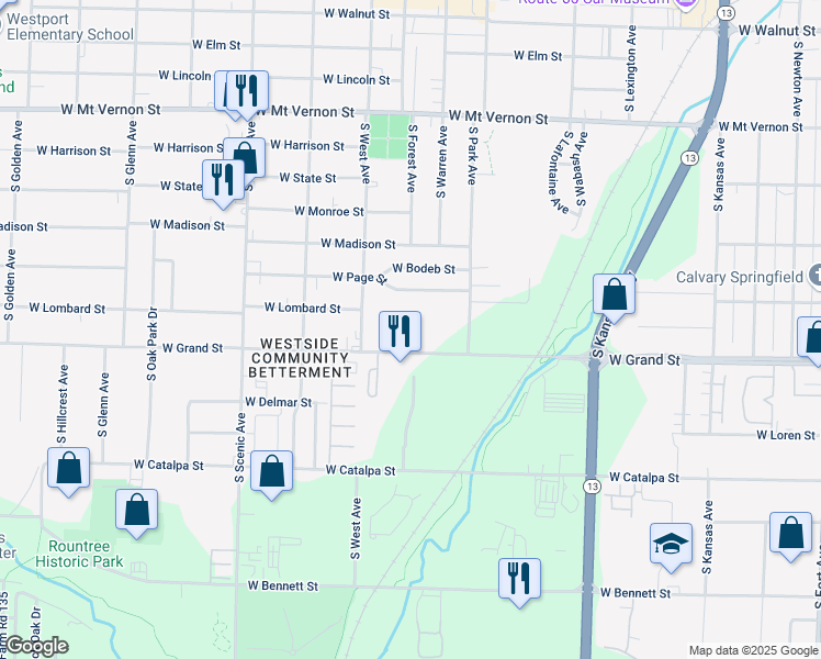 map of restaurants, bars, coffee shops, grocery stores, and more near 2316 West Page Street in Springfield