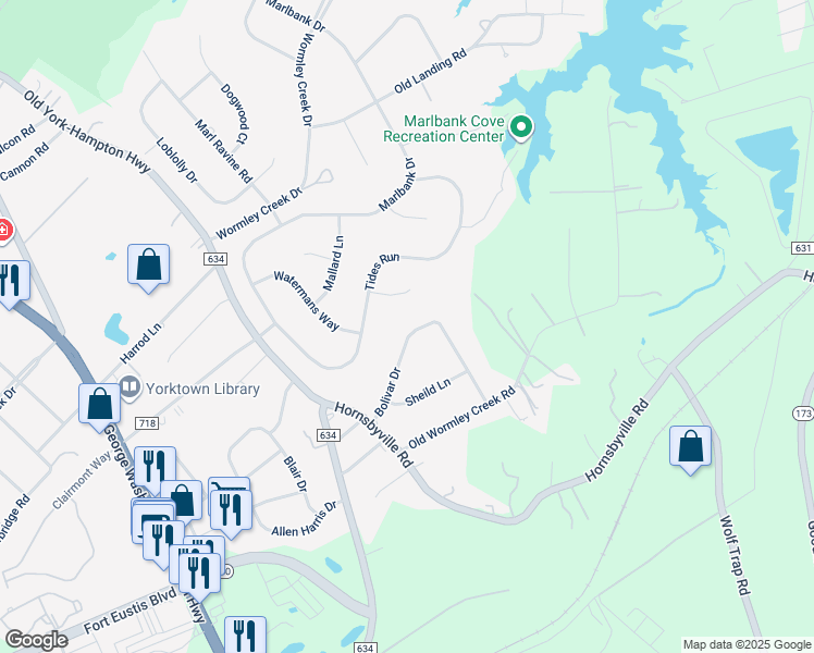 map of restaurants, bars, coffee shops, grocery stores, and more near 218 Bolivar Drive in Yorktown