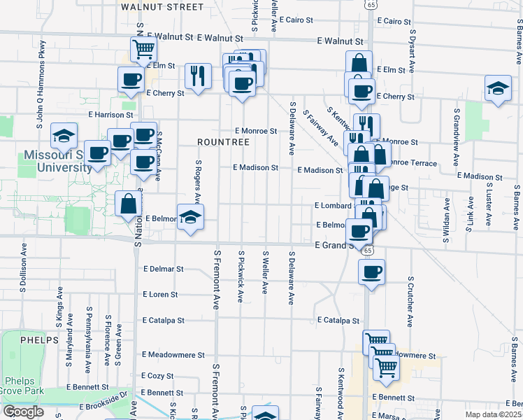 map of restaurants, bars, coffee shops, grocery stores, and more near 903 South Weller Avenue in Springfield