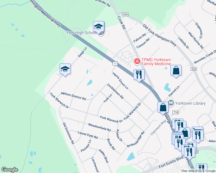 map of restaurants, bars, coffee shops, grocery stores, and more near 507 Cockletown Road in Yorktown