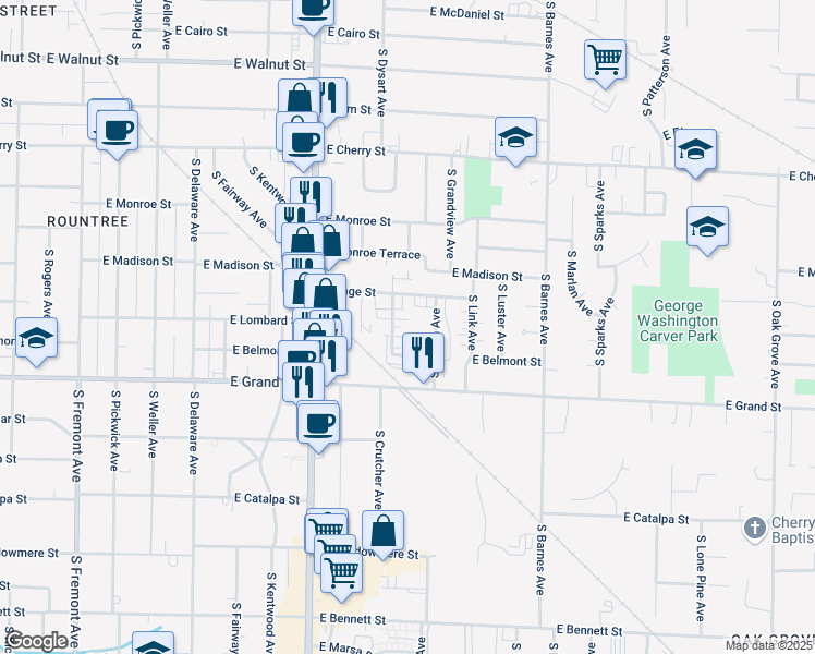 map of restaurants, bars, coffee shops, grocery stores, and more near 1920 East Page Street in Springfield