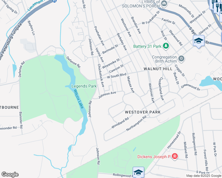map of restaurants, bars, coffee shops, grocery stores, and more near 1911 Varina Avenue in Petersburg