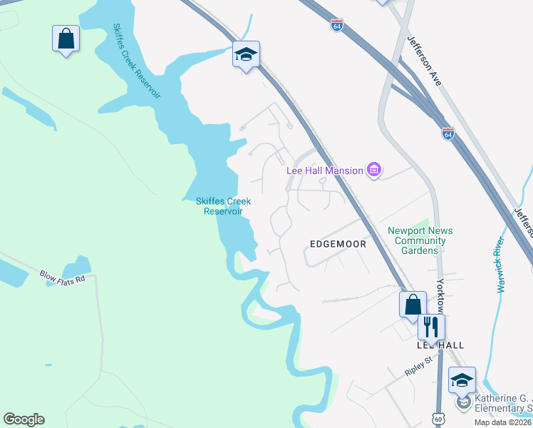 map of restaurants, bars, coffee shops, grocery stores, and more near 325 Oak Ridge Drive in Newport News
