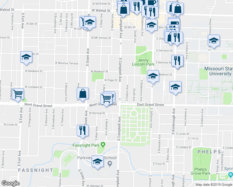map of restaurants, bars, coffee shops, grocery stores, and more near 424 West Lombard Street in Springfield