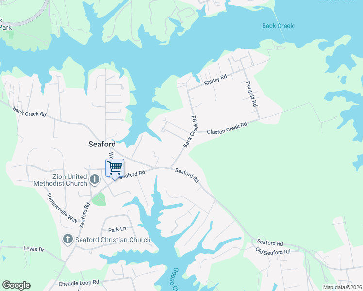 map of restaurants, bars, coffee shops, grocery stores, and more near 1617 Back Creek Road in Seaford
