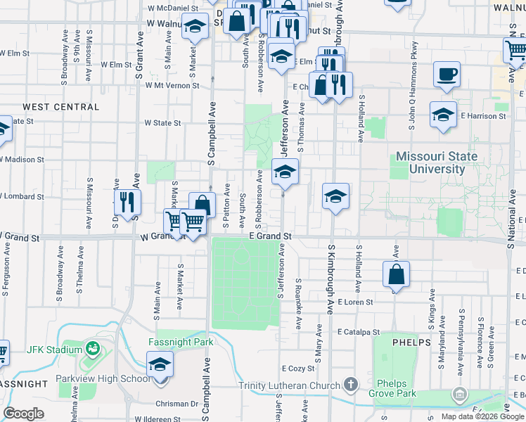 map of restaurants, bars, coffee shops, grocery stores, and more near 908 South Robberson Avenue in Springfield