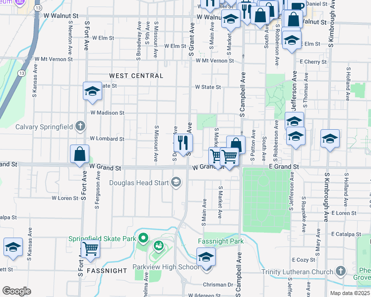map of restaurants, bars, coffee shops, grocery stores, and more near 915 South Grant Avenue in Springfield