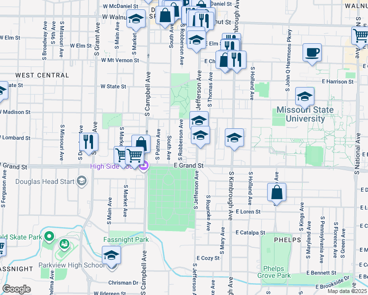 map of restaurants, bars, coffee shops, grocery stores, and more near 908 South Robberson Avenue in Springfield