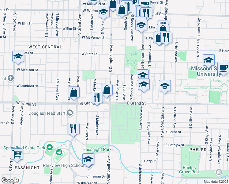 map of restaurants, bars, coffee shops, grocery stores, and more near 910 South Campbell Avenue in Springfield