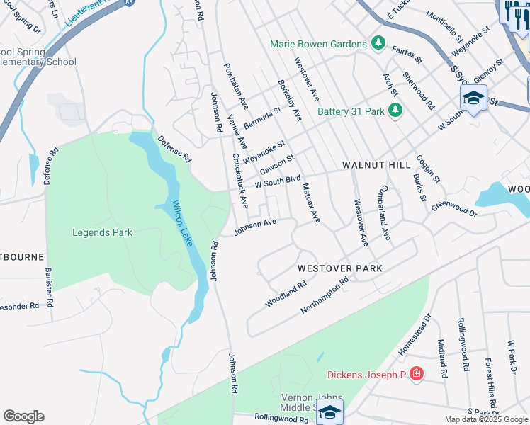 map of restaurants, bars, coffee shops, grocery stores, and more near 1922 Varina Avenue in Petersburg