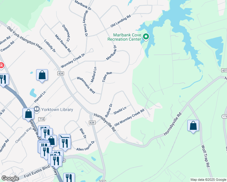 map of restaurants, bars, coffee shops, grocery stores, and more near 218 Bolivar Drive in Yorktown
