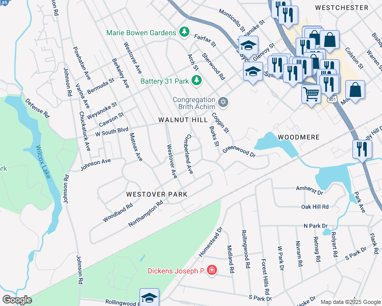 map of restaurants, bars, coffee shops, grocery stores, and more near 711 Brookside Avenue in Petersburg