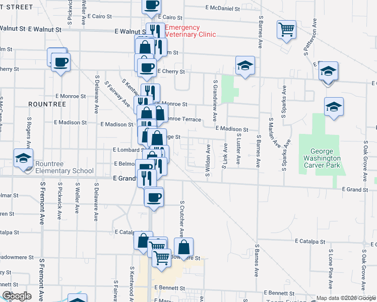 map of restaurants, bars, coffee shops, grocery stores, and more near 843 South Crutcher Avenue in Springfield