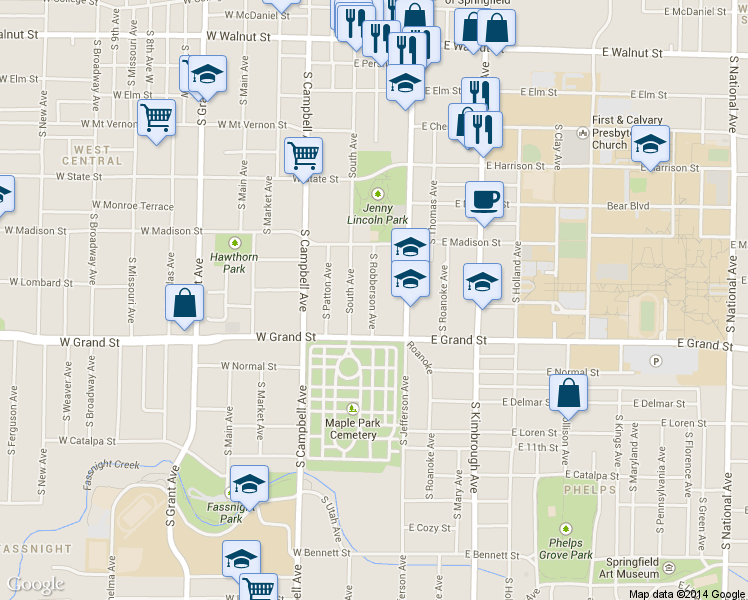 map of restaurants, bars, coffee shops, grocery stores, and more near 846 South Robberson Avenue in Springfield