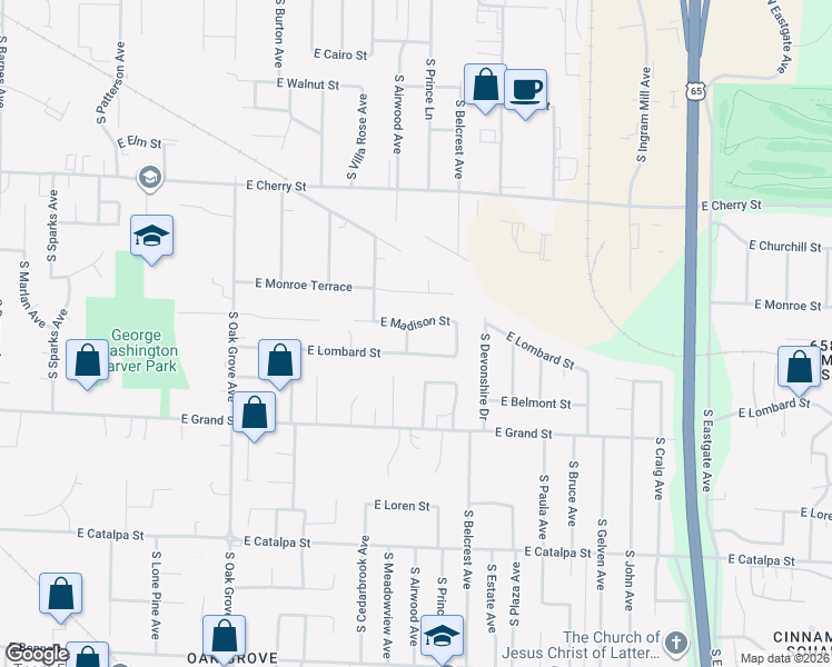 map of restaurants, bars, coffee shops, grocery stores, and more near 2902 East Madison Street in Springfield