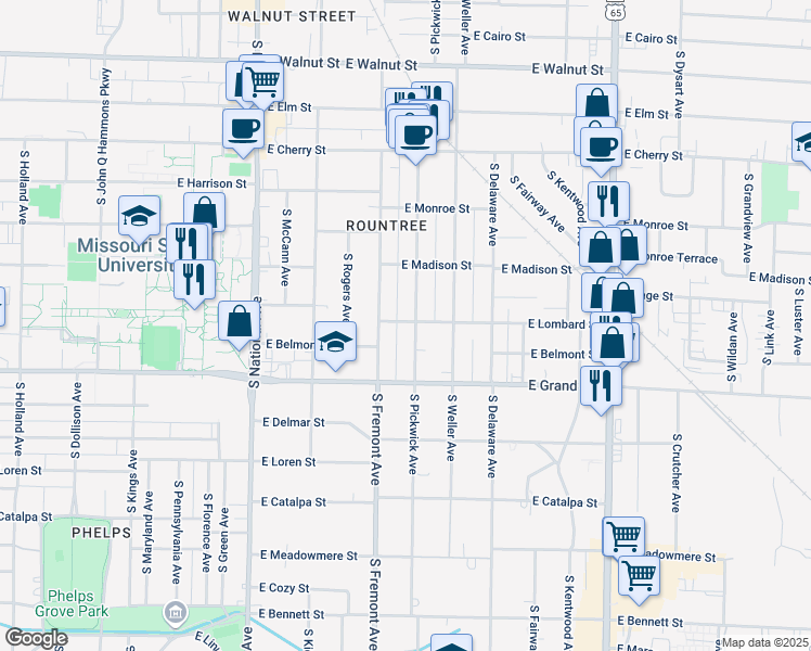 map of restaurants, bars, coffee shops, grocery stores, and more near 855 South Pickwick Avenue in Springfield