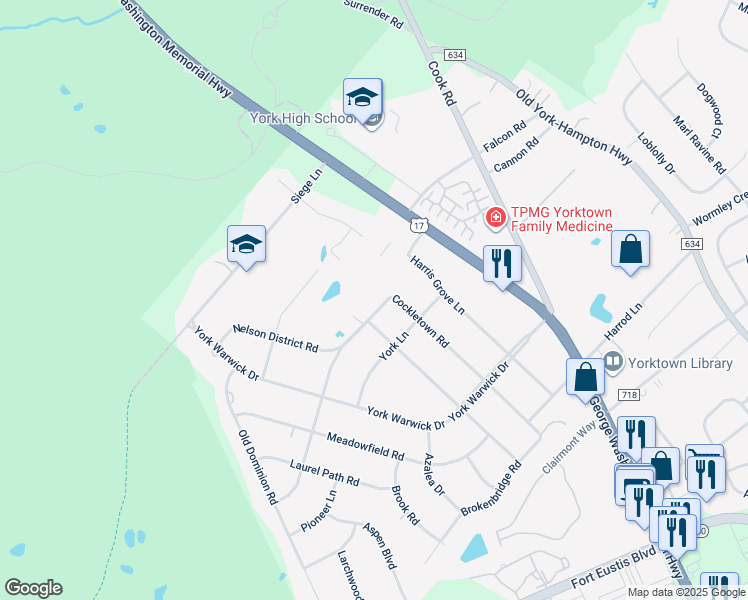 map of restaurants, bars, coffee shops, grocery stores, and more near 602 Cockletown Road in Yorktown