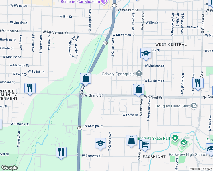 map of restaurants, bars, coffee shops, grocery stores, and more near 1617 West Belmont Street in Springfield