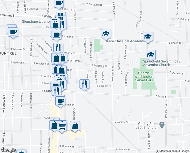 map of restaurants, bars, coffee shops, grocery stores, and more near 845 South Link Avenue in Springfield