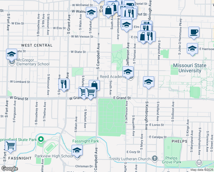 map of restaurants, bars, coffee shops, grocery stores, and more near 857 South Avenue in Springfield