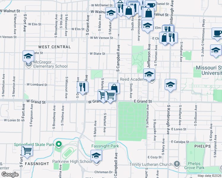 map of restaurants, bars, coffee shops, grocery stores, and more near 424 West Lombard Street in Springfield