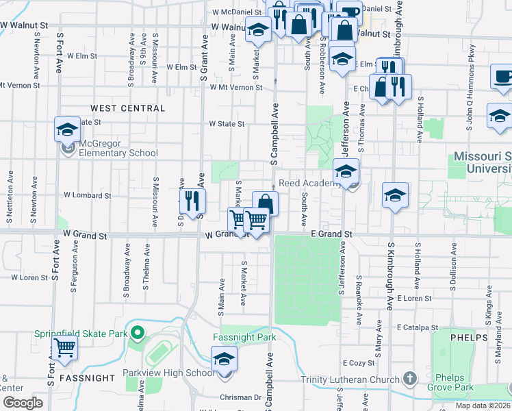 map of restaurants, bars, coffee shops, grocery stores, and more near 424 West Lombard Street in Springfield