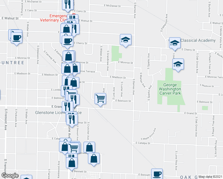 map of restaurants, bars, coffee shops, grocery stores, and more near 843 South Link Avenue in Springfield