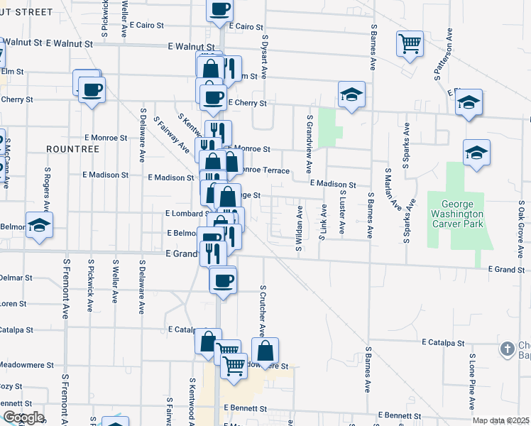 map of restaurants, bars, coffee shops, grocery stores, and more near 843 South Crutcher Avenue in Springfield