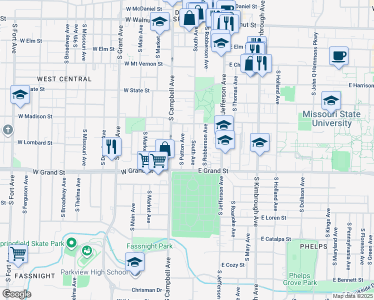 map of restaurants, bars, coffee shops, grocery stores, and more near 857 South Avenue in Springfield