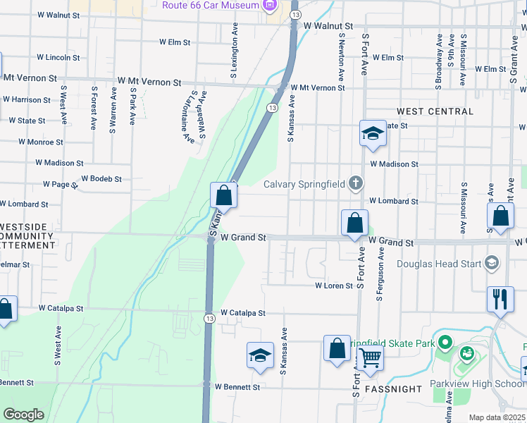 map of restaurants, bars, coffee shops, grocery stores, and more near 1617 West Belmont Street in Springfield