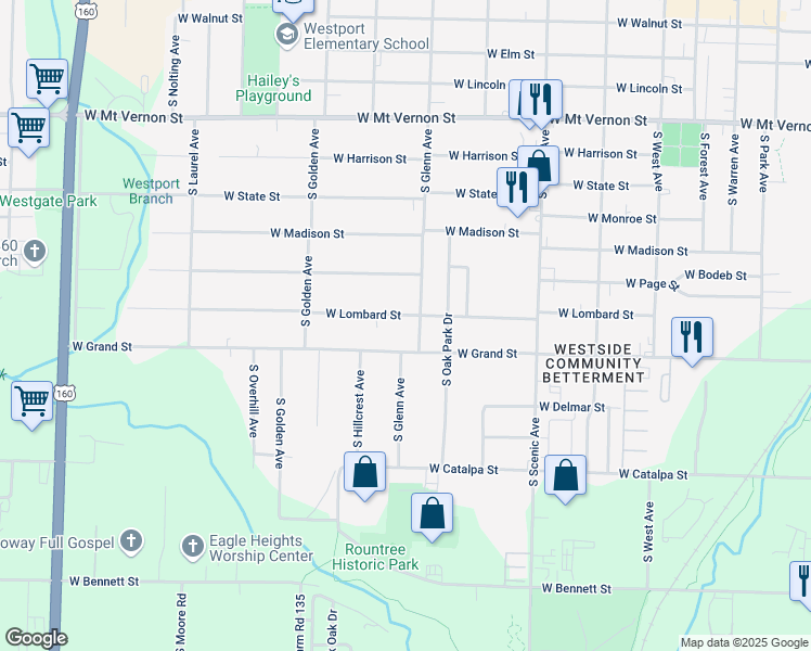 map of restaurants, bars, coffee shops, grocery stores, and more near 2900-2912 West Lombard Street in Springfield