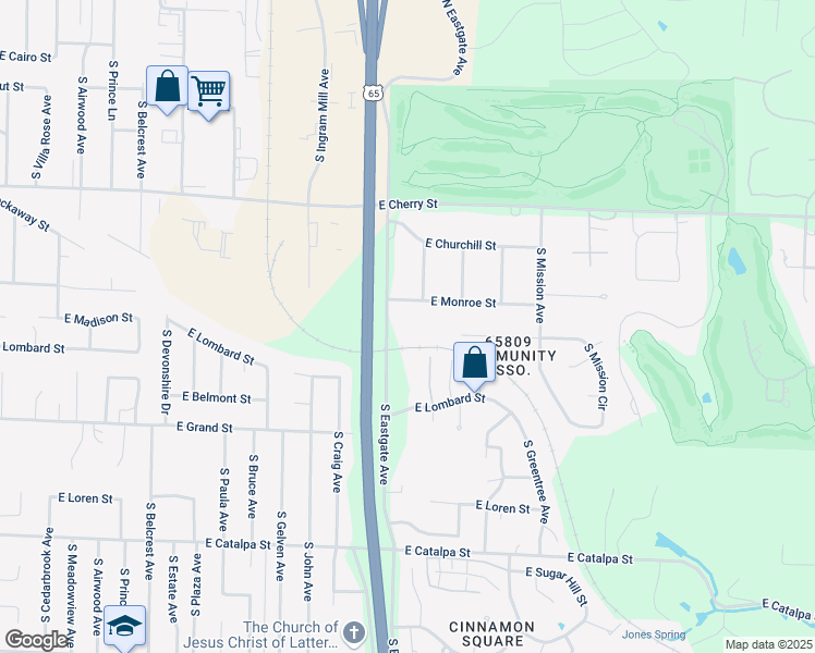 map of restaurants, bars, coffee shops, grocery stores, and more near 802 South Eastgate Avenue in Springfield