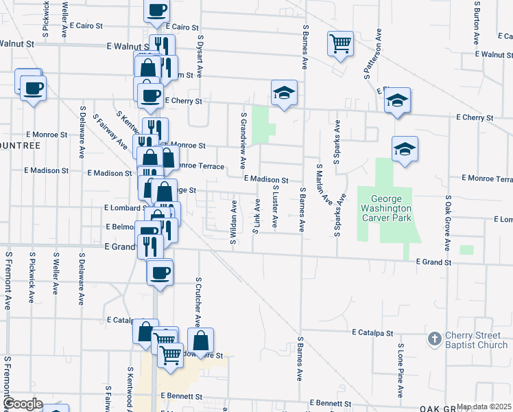 map of restaurants, bars, coffee shops, grocery stores, and more near 2020 East Page Street in Springfield