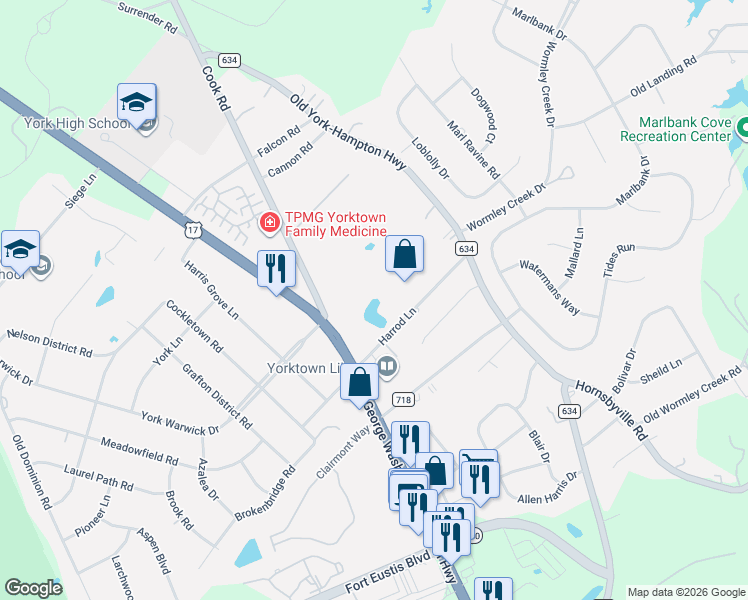 map of restaurants, bars, coffee shops, grocery stores, and more near 201 Harrod Lane in Yorktown
