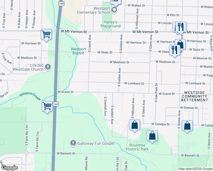 map of restaurants, bars, coffee shops, grocery stores, and more near 3152 West Lombard Street in Springfield