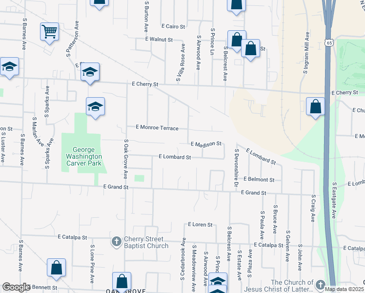 map of restaurants, bars, coffee shops, grocery stores, and more near 2810 East Madison Street in Springfield
