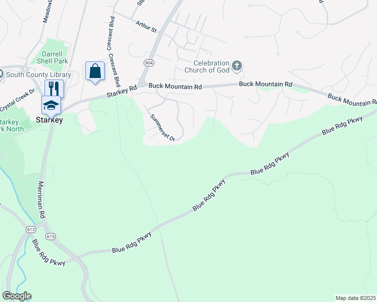 map of restaurants, bars, coffee shops, grocery stores, and more near 4424 Branderwood Drive in Roanoke
