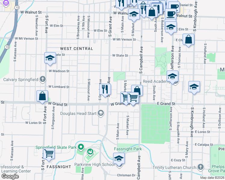 map of restaurants, bars, coffee shops, grocery stores, and more near 624 West Lombard Circle in Springfield