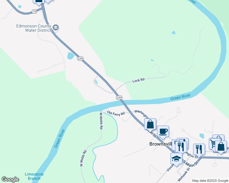 map of restaurants, bars, coffee shops, grocery stores, and more near 541 Kentucky 259 in Brownsville
