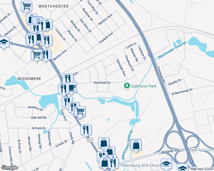map of restaurants, bars, coffee shops, grocery stores, and more near 334 Deerfield Drive in Petersburg