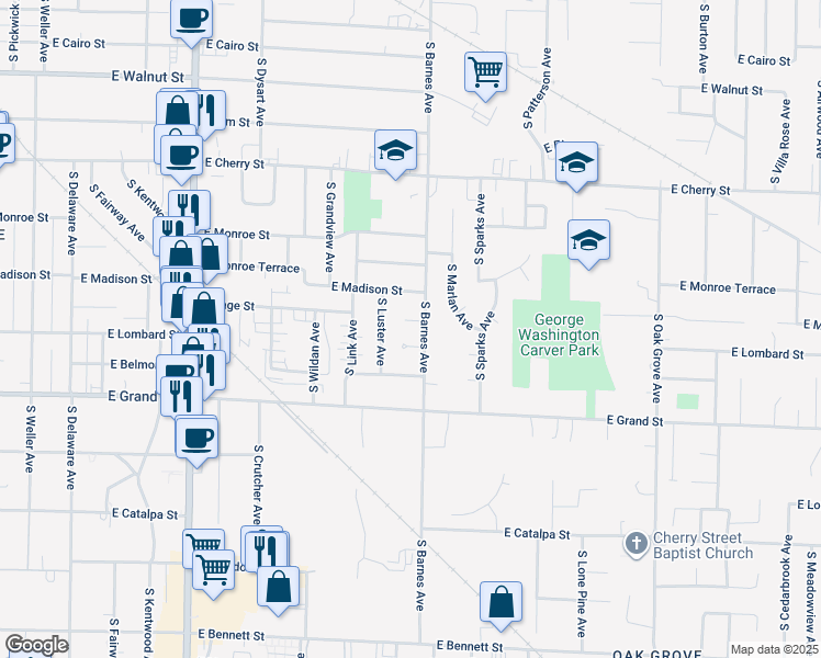 map of restaurants, bars, coffee shops, grocery stores, and more near 2146 East Page Street in Springfield