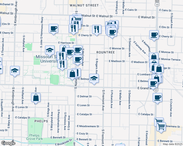 map of restaurants, bars, coffee shops, grocery stores, and more near 848 South Kickapoo Avenue in Springfield
