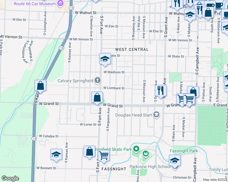 map of restaurants, bars, coffee shops, grocery stores, and more near 911 South New Avenue in Springfield