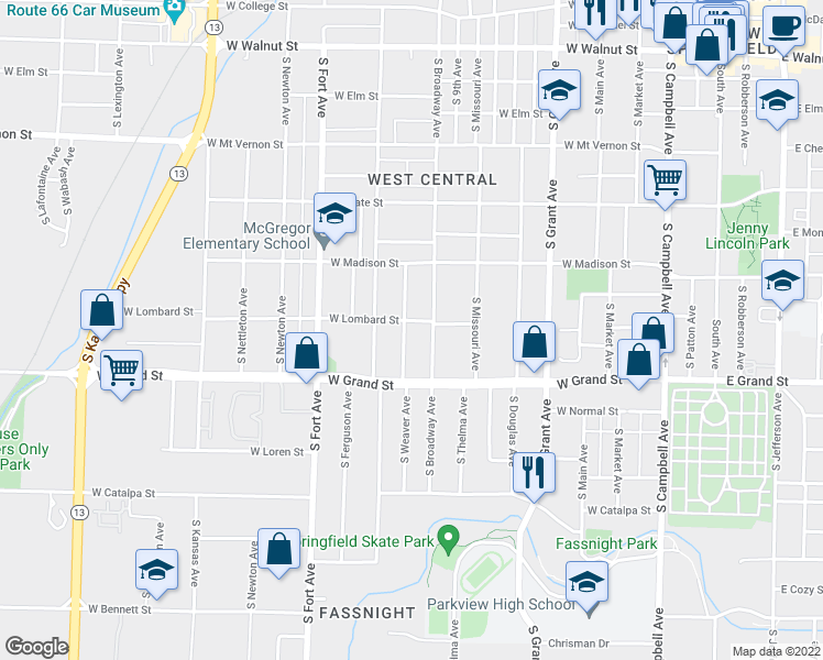 map of restaurants, bars, coffee shops, grocery stores, and more near 908 South Weaver Avenue in Springfield