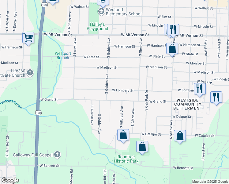 map of restaurants, bars, coffee shops, grocery stores, and more near 3032 West Lombard Street in Springfield