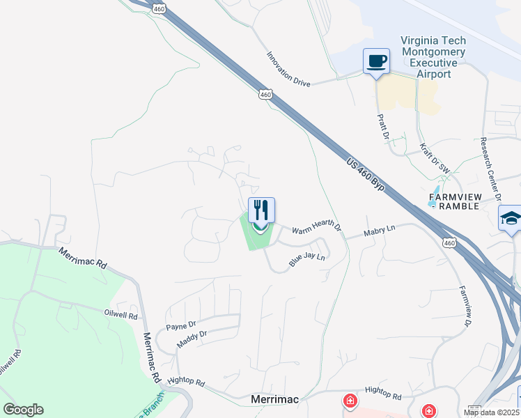 map of restaurants, bars, coffee shops, grocery stores, and more near 1143 Oakland Square in Blacksburg