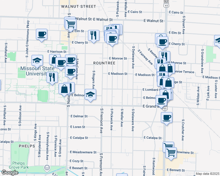 map of restaurants, bars, coffee shops, grocery stores, and more near 855 South Pickwick Avenue in Springfield