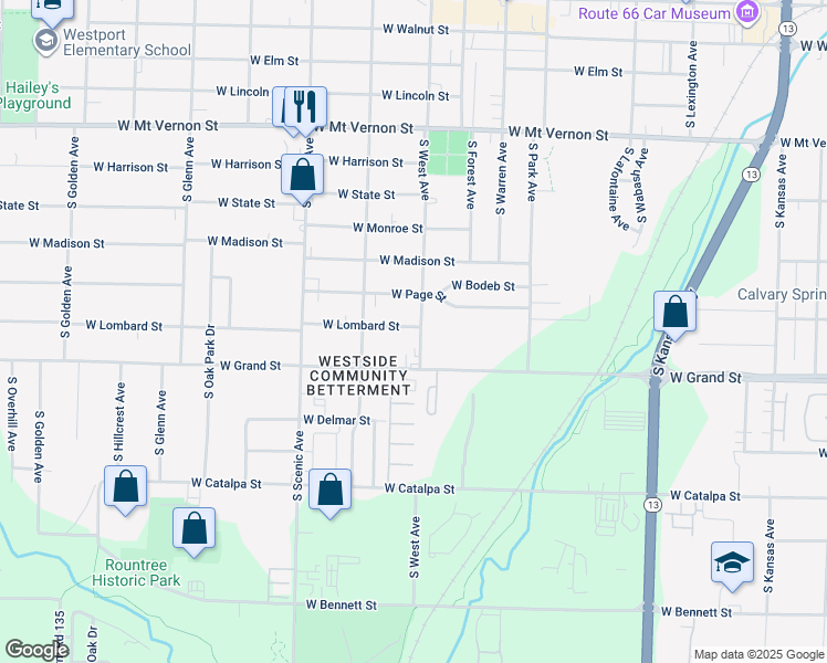 map of restaurants, bars, coffee shops, grocery stores, and more near 901 South West Avenue in Springfield